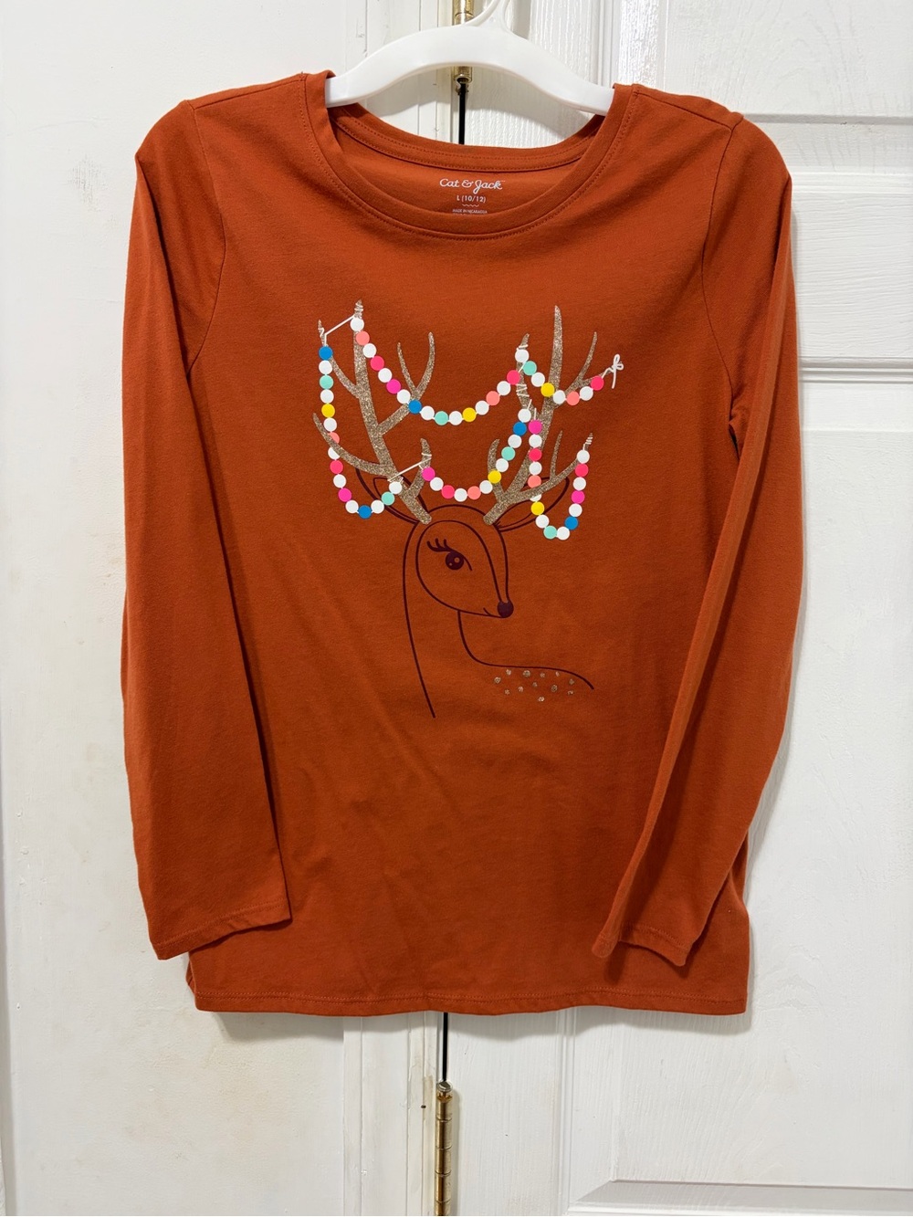 🎀 4/25 Cat & Jack Orange Long-Sleeve Tee with Festive Reindeer Graphic Size M
